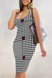 Black Red Sexy Plaid Floral Print Contrast U Neck Printed Dresses