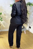 White Casual Solid Color Draw String Pocket Patchwork Turndown Collar Long Sleeve Two Pieces