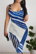 Blue White Casual Print Patchwork U Neck Wrapped Skirt Dresses