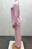 Pink Casual Solid Color Buckle Patchwork Turndown Collar Long Sleeve Two Pieces