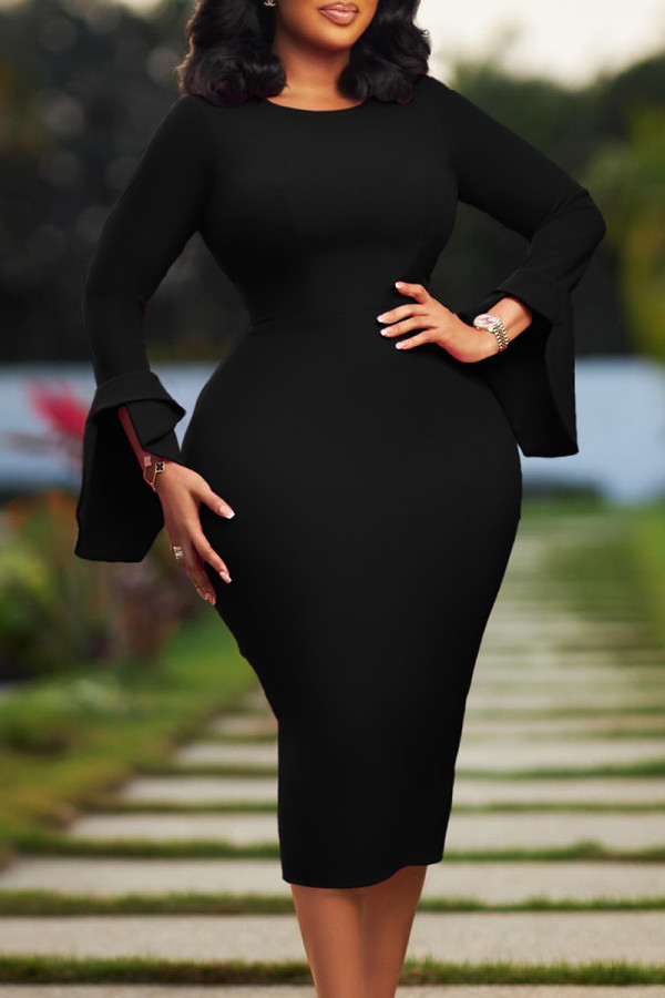 Black Elegant Solid Color Patchwork O Neck Wrapped Skirt Dresses
