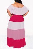 Blue Casual Floral Print Stripe Ruffle Contrast Off Shoulder Long Dresses