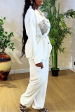 White Casual Solid Color Draw String Pocket Patchwork Turndown Collar Long Sleeve Two Pieces
