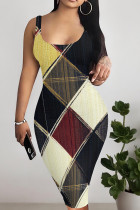 Grayish Yellow Casual Print Patchwork U Neck Wrapped Skirt Dresses