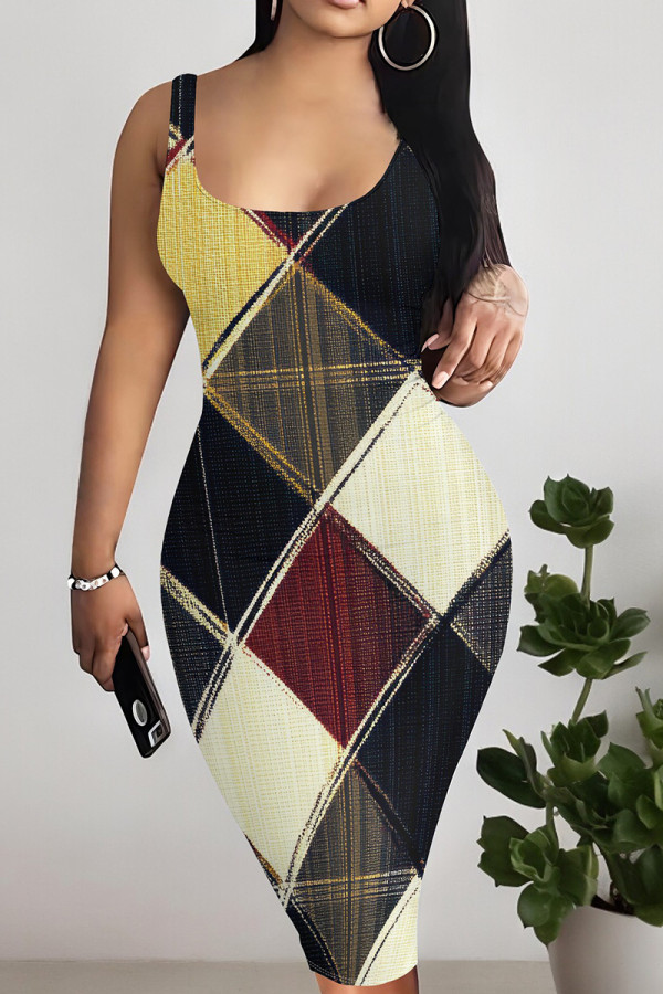 Grayish Yellow Casual Print Patchwork U Neck Wrapped Skirt Dresses