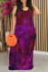 Dark Purple Sexy Floral Print Contrast O Neck Printed Dresses