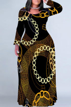 Black Casual Chain print Contrast O Neck Printed Plus Size Dresses