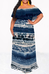 Blue Sexy Geometric Print Flowers Leopard Ruffle Contrast Off Shoulder Long Dresses