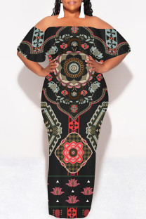 Black Street National Totem Print Ruffle Contrast Off Shoulder Long Dresses