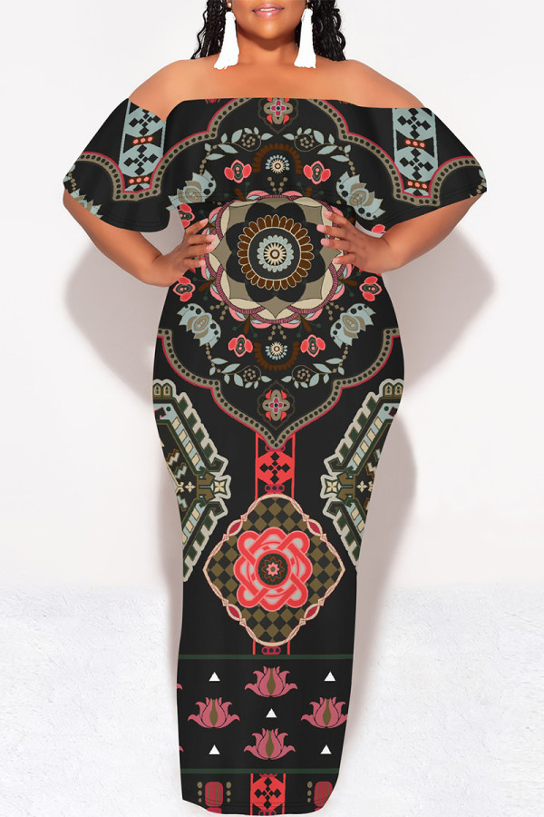 Black Street National Totem Print Ruffle Contrast Off Shoulder Long Dresses