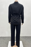 White Casual Solid Color Draw String Pocket Patchwork Turndown Collar Long Sleeve Two Pieces