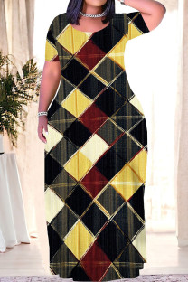 Grayish Yellow Casual Print Patchwork O Neck Long Plus Size Dresses