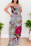 Green Sexy Plaid Floral Print Contrast V Neck Printed Dresses