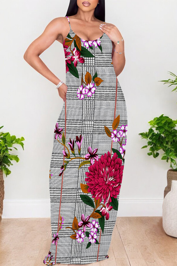 Grey Sexy Plaid Floral Print Contrast V Neck Printed Dresses
