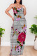 Grey Sexy Plaid Floral Print Contrast V Neck Printed Dresses