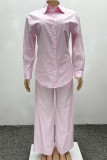 Pink Casual Solid Color Buckle Patchwork Turndown Collar Long Sleeve Two Pieces