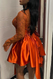 Tangerine Elegant Solid Color Lace Patchwork Ruched V Neck A Line Dresses