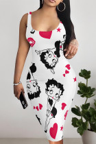 White Red Sexy Graffiti Print Cartoon Contrast U Neck Printed Dresses