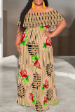 Khaki Sexy Geometric Print Flowers Leopard Ruffle Contrast Off Shoulder Long Dresses