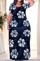 Blue White Casual Print Patchwork O Neck Long Plus Size Dresses