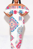 White Street National Totem Print Ruffle Contrast Off Shoulder Long Dresses
