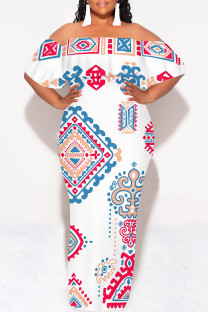 White Street National Totem Print Ruffle Contrast Off Shoulder Long Dresses