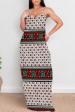 Green Yellow Sexy Geometric Print Contrast V Neck Printed Dresses