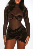 Brown Casual Solid Color Patchwork See-Through Ruched O Neck Wrapped Skirt Dresses