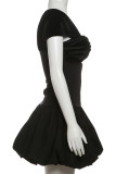Black Sexy Solid Color Hollow Out Patchwork Asymmetrical Collar A Line Dresses