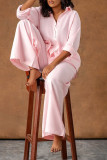 Pink Casual Solid Color Buckle Patchwork Turndown Collar Long Sleeve Two Pieces