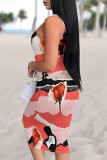 Multicolor Sexy Leopard Print Flowers Leopard Leaves Contrast U Neck Printed Dresses
