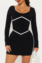 Black Casual Patchwork Contrast U Neck Wrapped Skirt Dresses