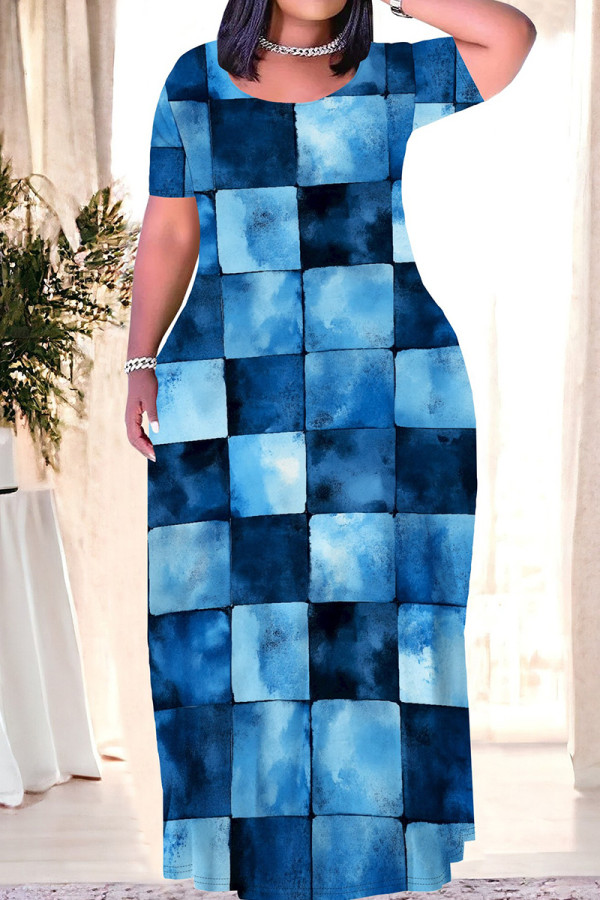 Sky Blue Casual Print Patchwork O Neck Long Plus Size Dresses