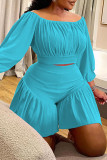 Black Casual Solid Color Patchwork Off Shoulder Plus Size Two Pieces