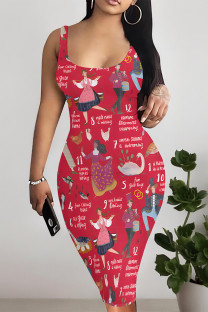 Red Sexy Graffiti Print Cartoon Contrast U Neck Printed Dresses