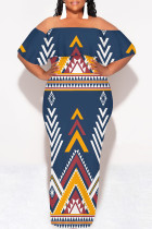Deep Blue Street National Totem Print Ruffle Contrast Off Shoulder Long Dresses