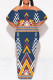Deep Blue Street National Totem Print Ruffle Contrast Off Shoulder Long Dresses