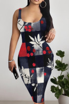 Black Red Casual Print Patchwork U Neck Wrapped Skirt Dresses