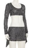 Grey Casual Solid Color Ripped Patchwork O Neck Long Sleeve Two Pieces