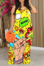 Yellow Street Graffiti Print Contrast O Neck Printed Dresses