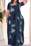Tibetan Blue Casual Print Patchwork O Neck Long Plus Size Dresses