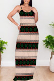 Green Yellow Sexy Geometric Print Contrast V Neck Printed Dresses