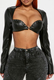 Black Sexy Solid Color Rivets Patchwork Asymmetrical Collar Tops