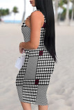 Black Red Sexy Plaid Floral Print Contrast U Neck Printed Dresses