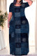 Dark Blue Casual Print Patchwork O Neck Long Plus Size Dresses