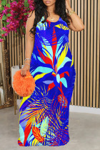 Deep Blue Sexy Floral Print Contrast O Neck Printed Dresses