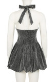 Silver Casual Solid Color Backless Strap Design Halter A Line Dresses