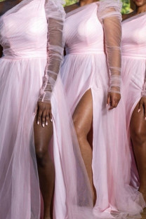 Pink Elegant Solid Color High Slit Mesh Oblique Collar Long Plus Size Dresses