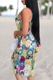 Rose Red Sexy Graffiti Print Cartoon Contrast U Neck Printed Dresses