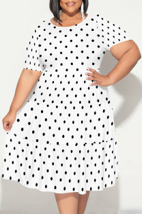 Black White Casual Floral Print Polka Dot Stripe Ruffle Contrast O Neck Printed Plus Size Dresses